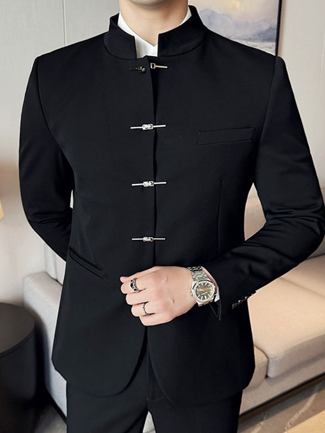 Black Stand Collar Jacket for Men