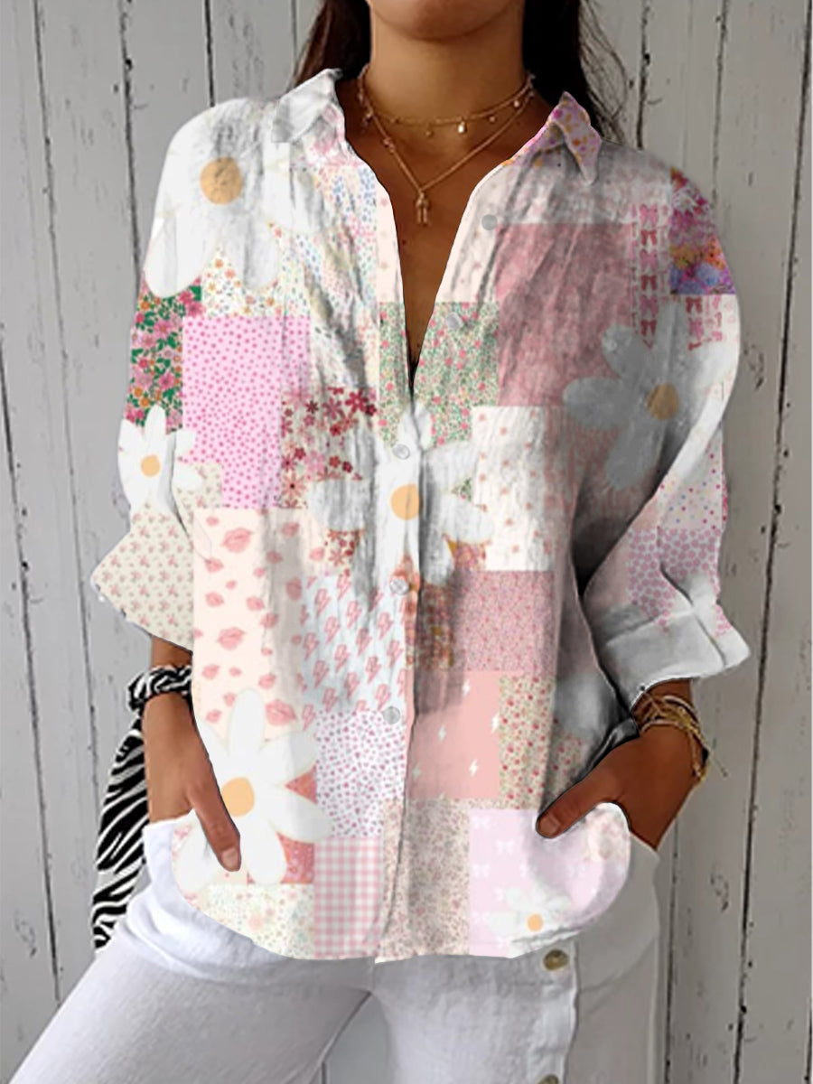 Patchwork Button Blouse for Women, Stylish Style