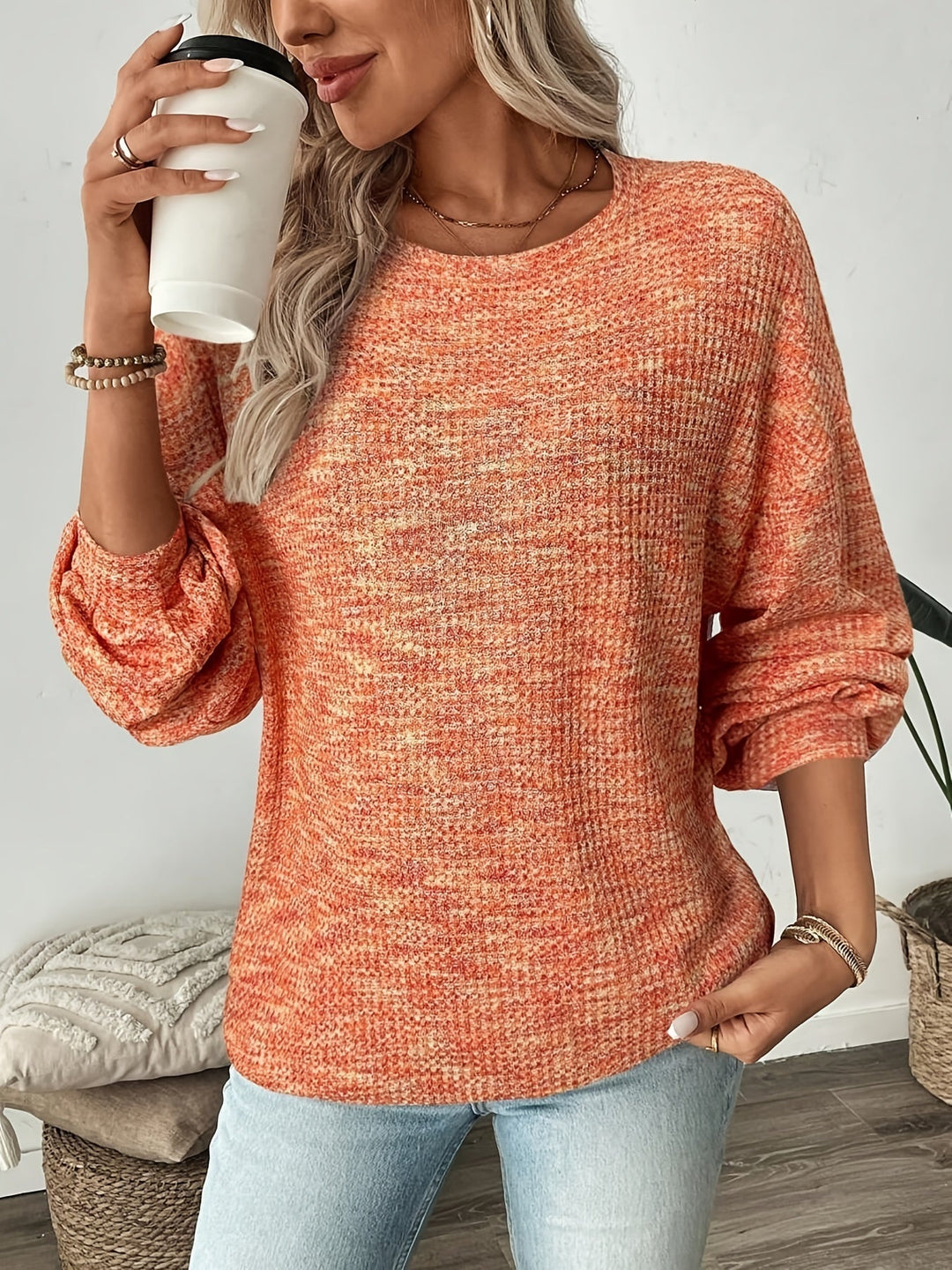 Orange-Red Relaxed Waffle-Knit Sweater for Women