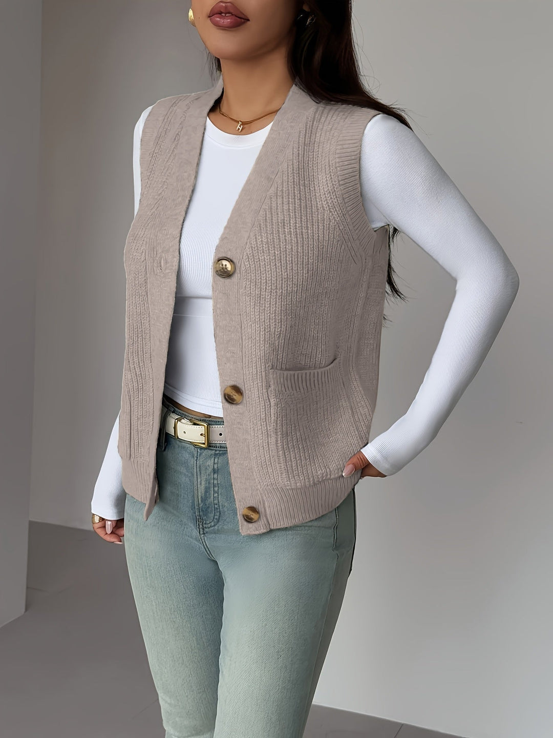 Buttoned V-Neck Knit Vest for Women