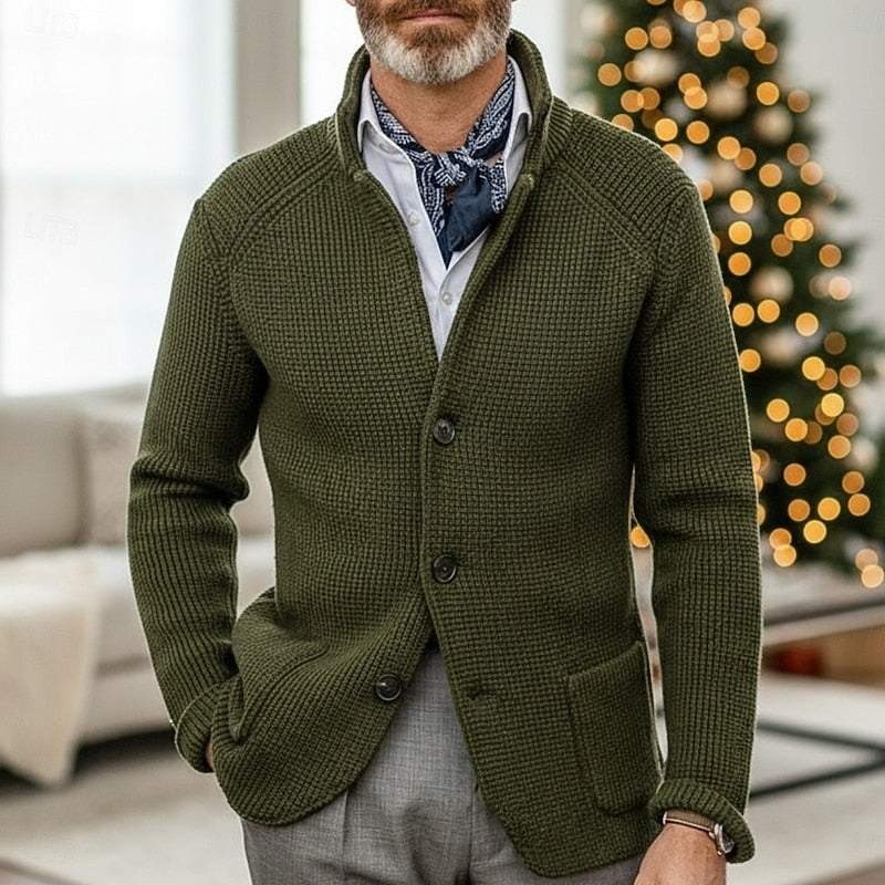 Stand-Collar Cardigan for Men, Textured Style
