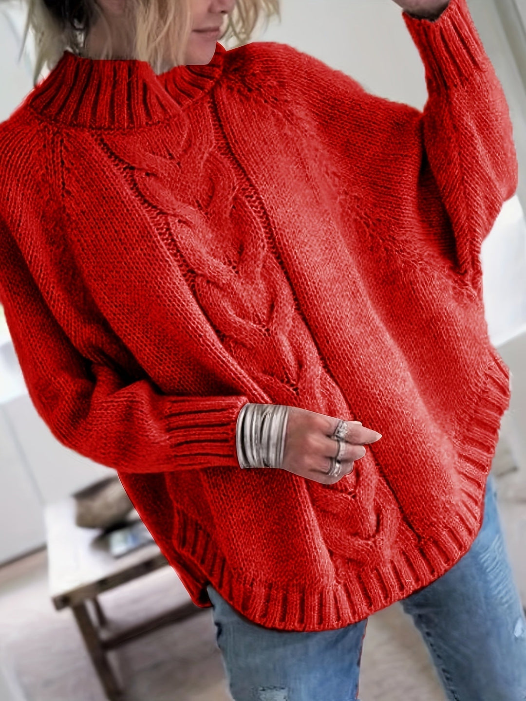 Cable-Knit High-Neck Sweater for Women