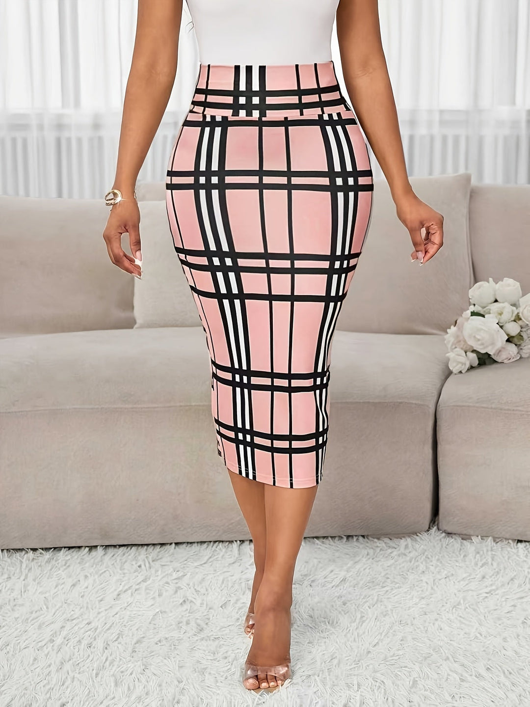 Plaid Pencil Skirt for Women, Refined Style