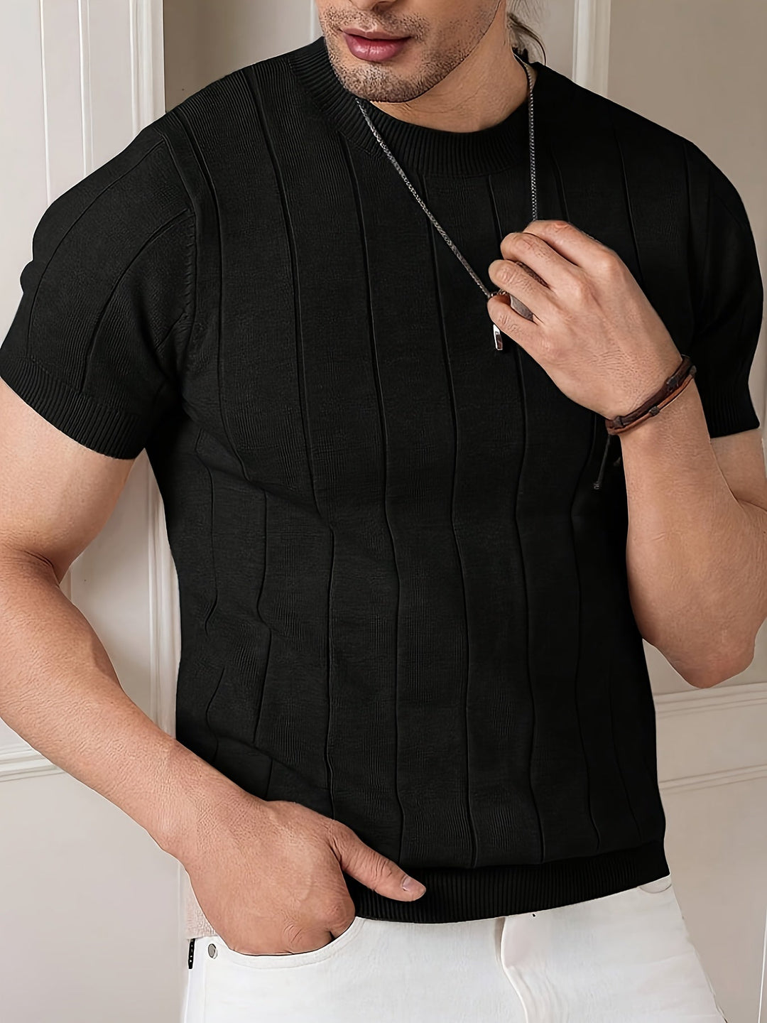Ribbed Short-Sleeve Knit Top for Men