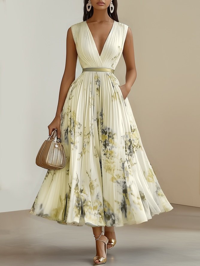Sleeveless Long V-Neck Dress for Women, Elegant Style