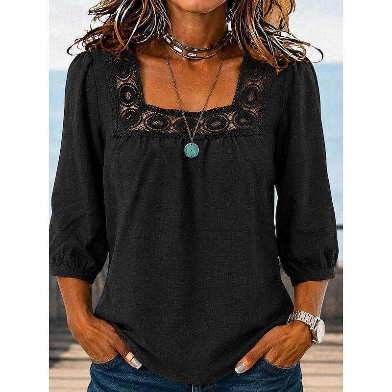 Lace-Trimmed Square Neck Blouse for Women, Plus Size