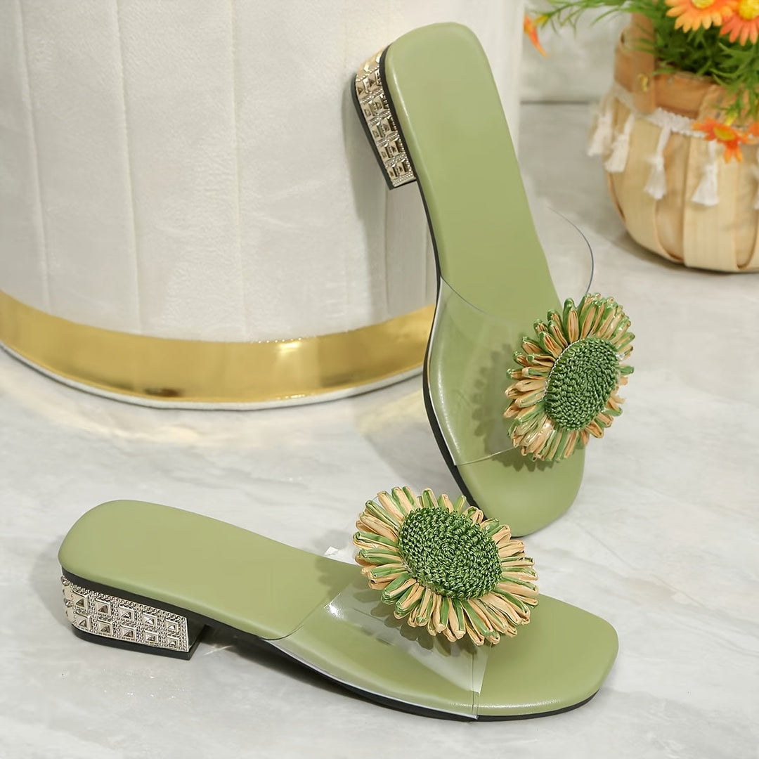 Green Floral Square-Toe Sandals for Women