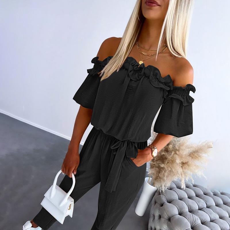 Off Shoulder Tie-Waist Jumpsuit, Women's Stylish Fit