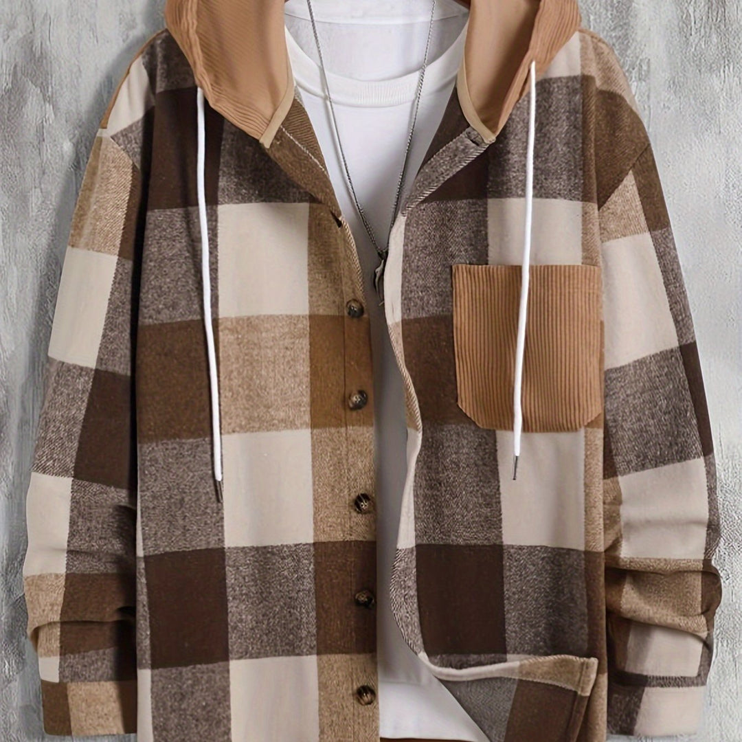 Rust Checked Hooded Overshirt Jacket for Men