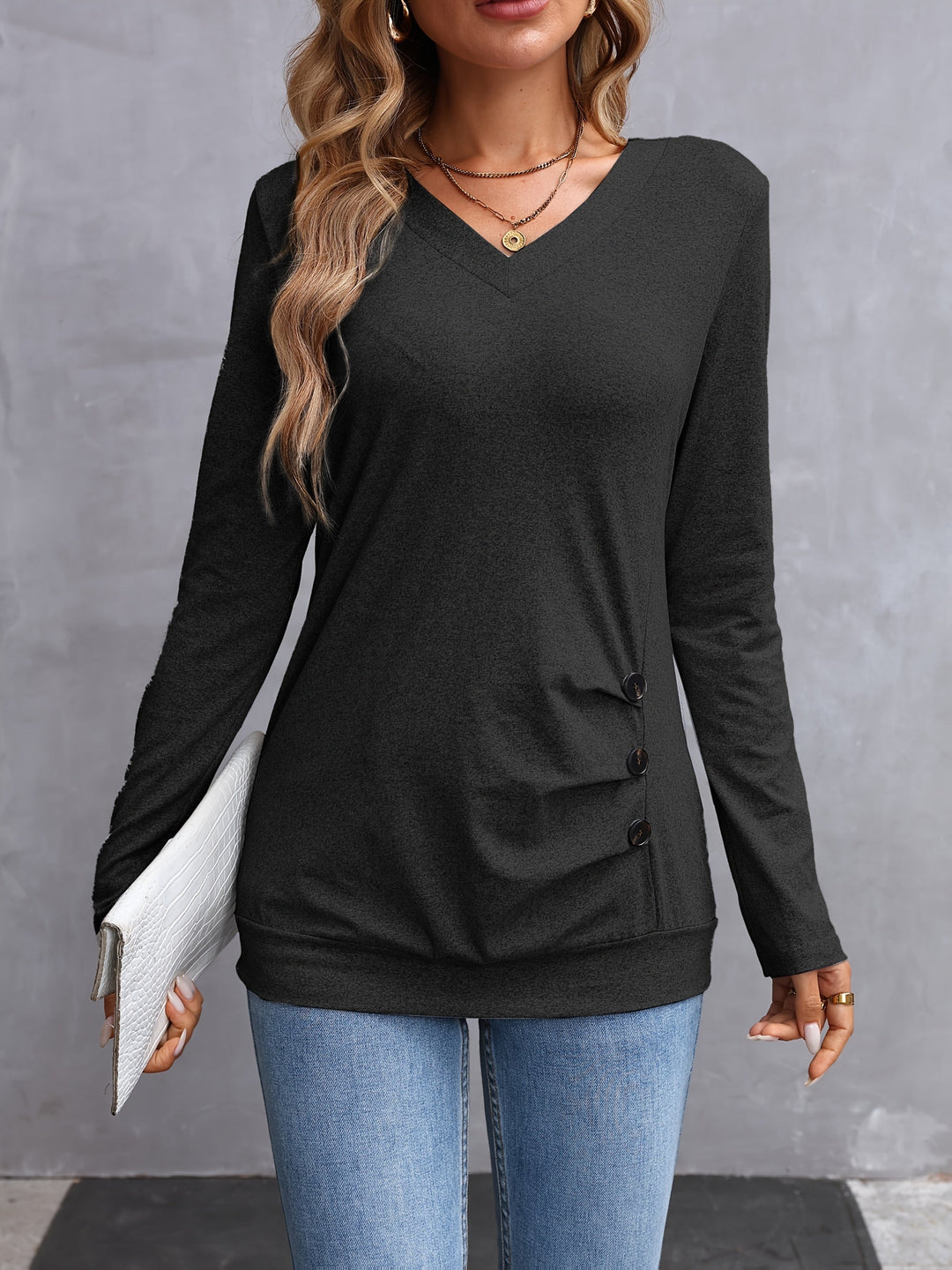 Side-Button V-Neck Long Sleeve Top for Women