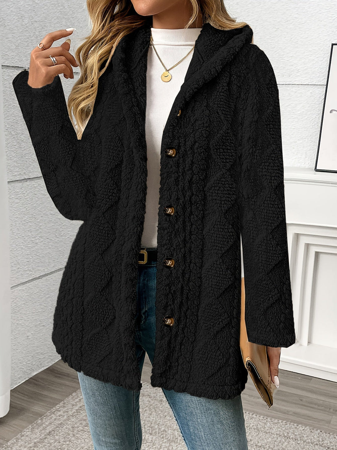 Button-Front Coat for Women, Textured Style