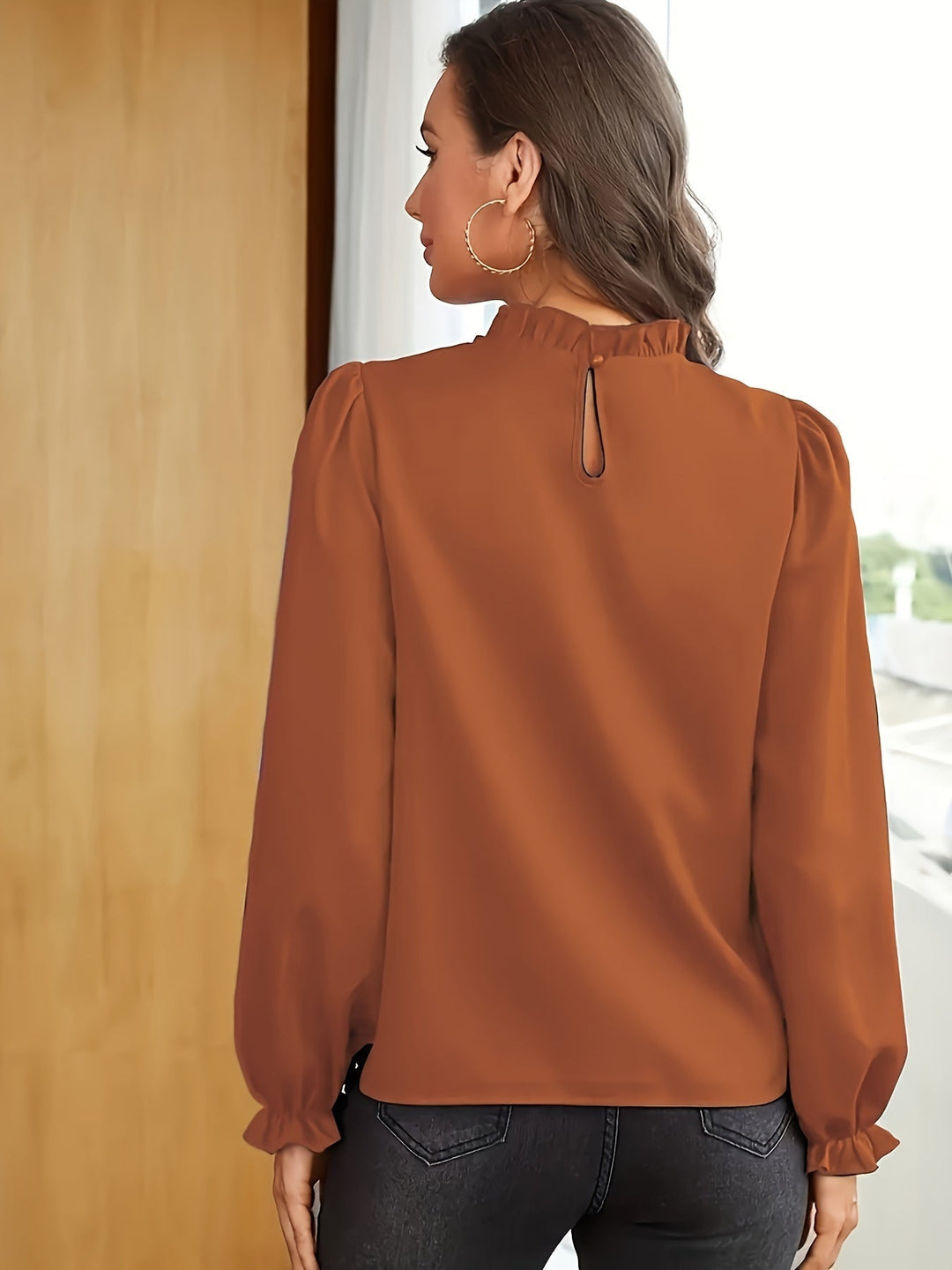 Ruffled High-Neck Puff Sleeve Blouse for Women