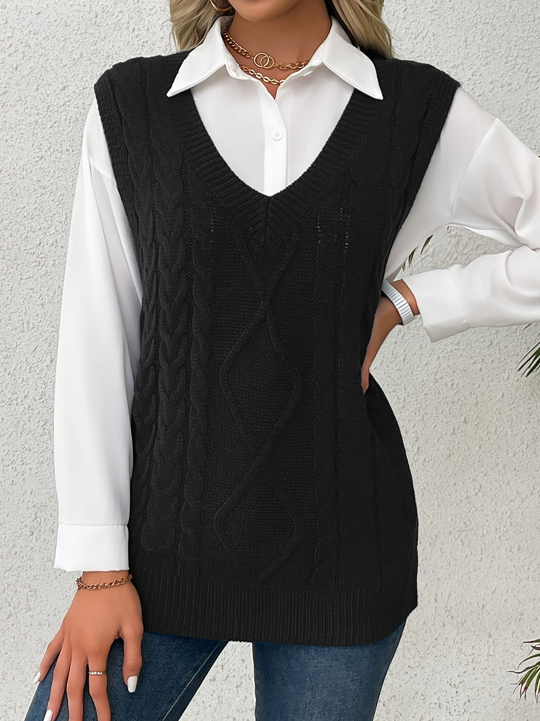 Ladies Cozy Cable-Knit V-Neck Sweater Vest