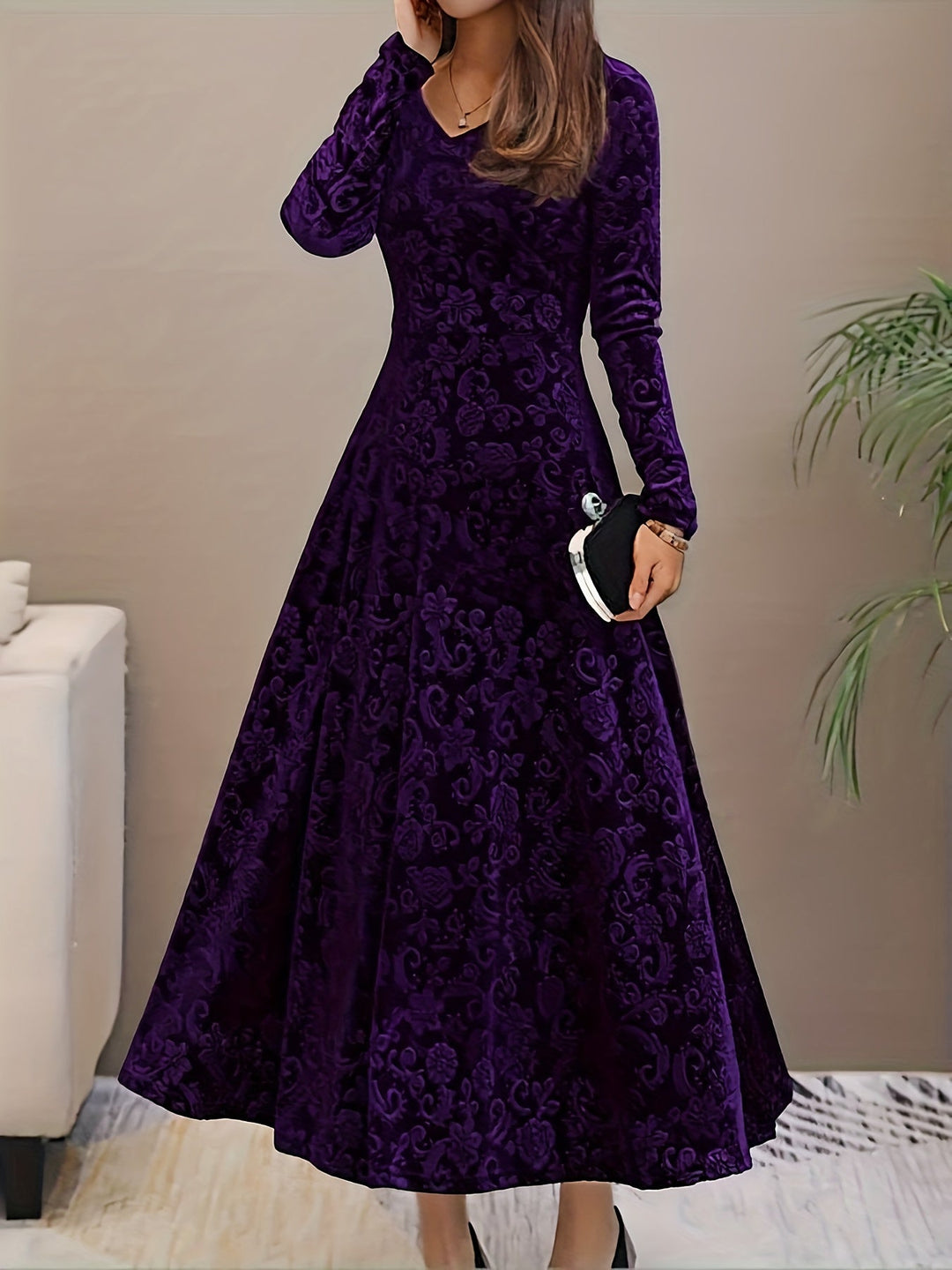 Long-Sleeve Midi Dress for Women, Elegant Style
