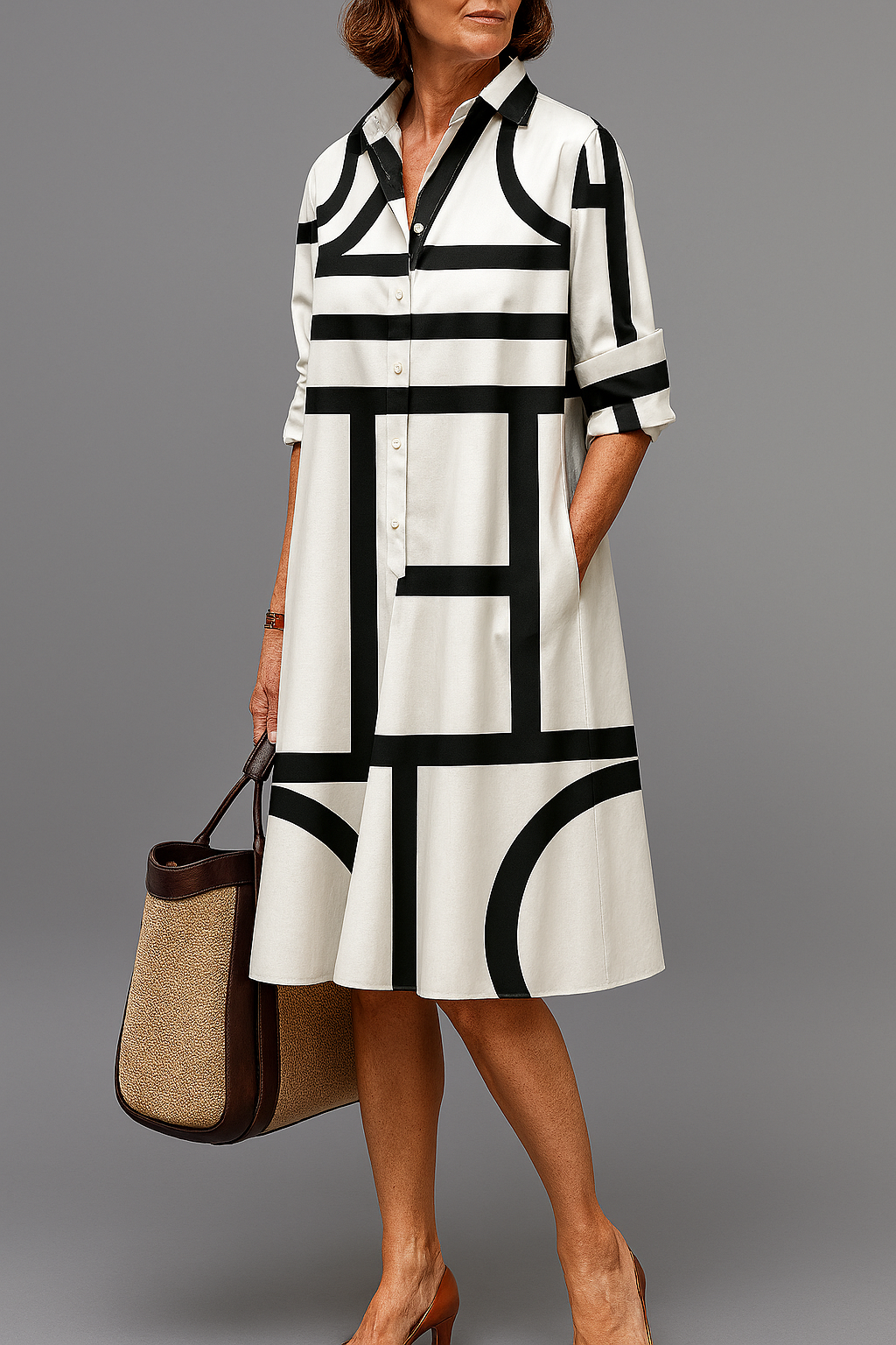 Stylish Pattern Collar Midi Dress for Women, Plus Size