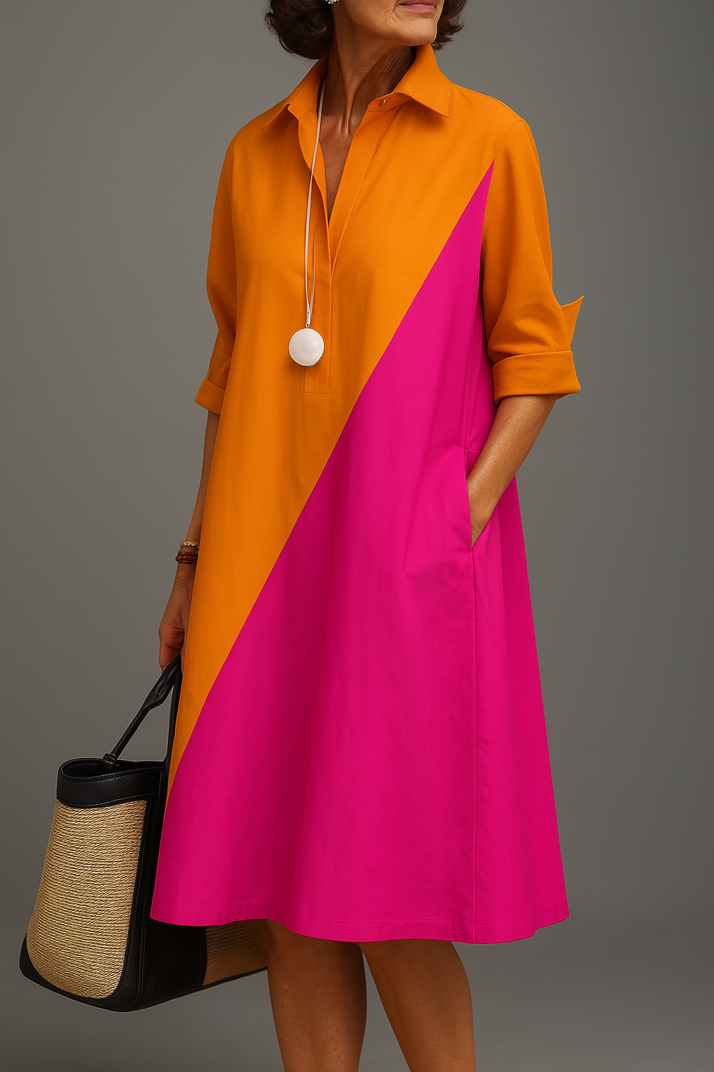 Two Colored Midi Dress, Women's Comfortable Fit
