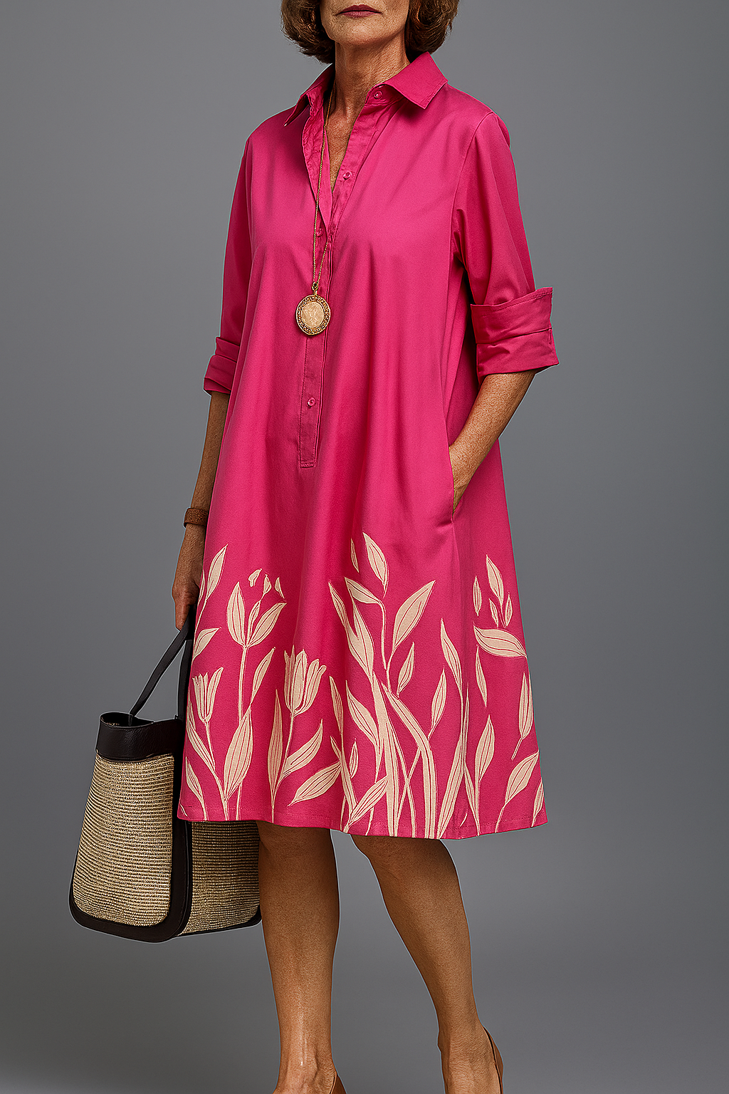 Pink Comfortable Long Sleeve Midi Dress for Women