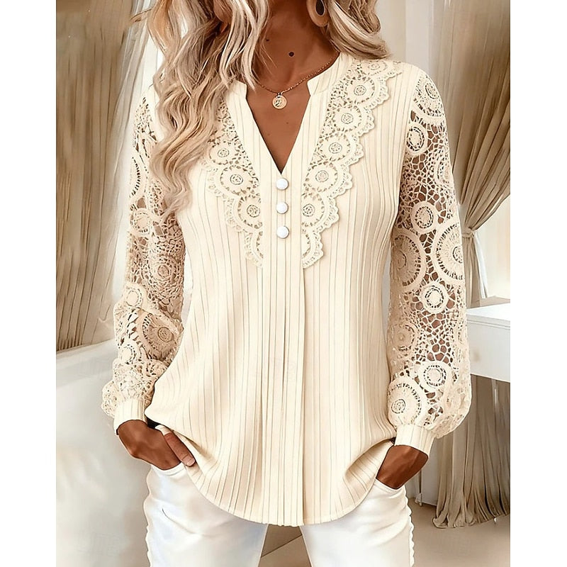 Lace-Trimmed Long Sleeve Blouse for Women