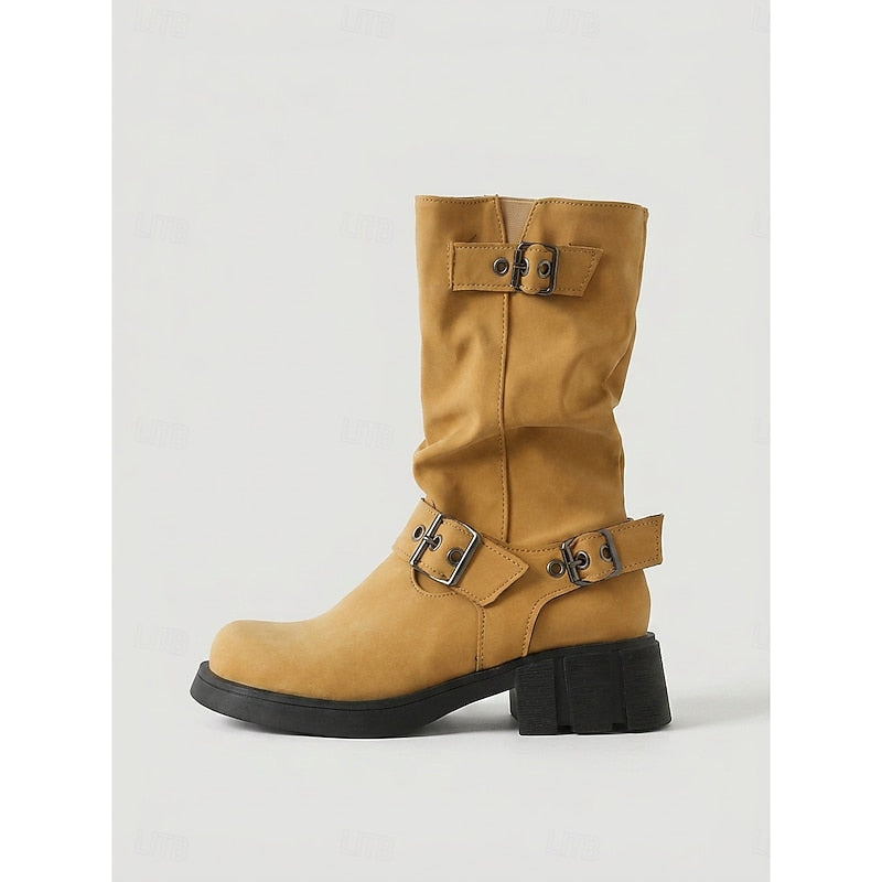 Ladies Buckle-Detail Mid-Calf Biker Boots
