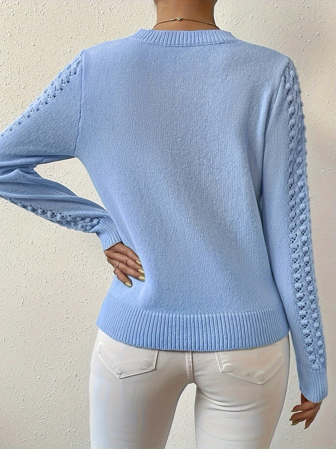 Pointelle-Knit Round Neck Sweater for Women
