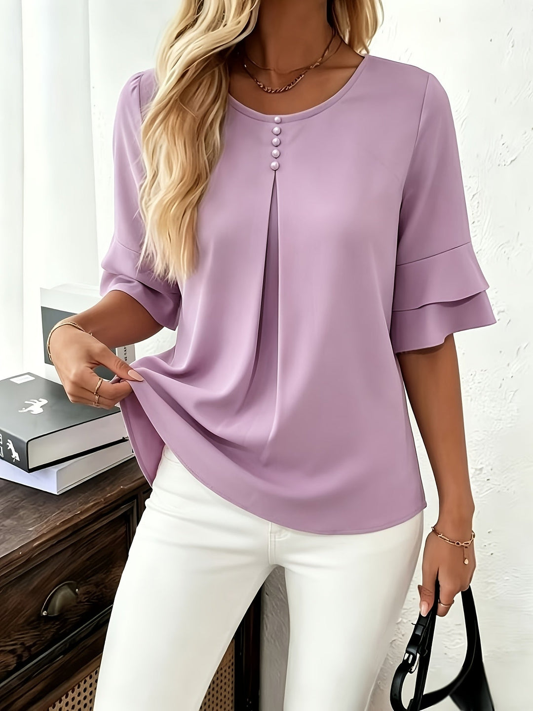 Flared-Sleeve Pleated Blouse for Women