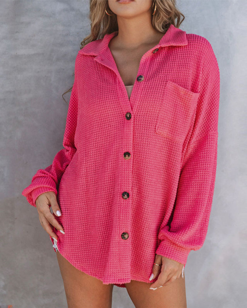 Women's Long Sleeve Waffle Knit Button-Down Top – Relaxed Fit