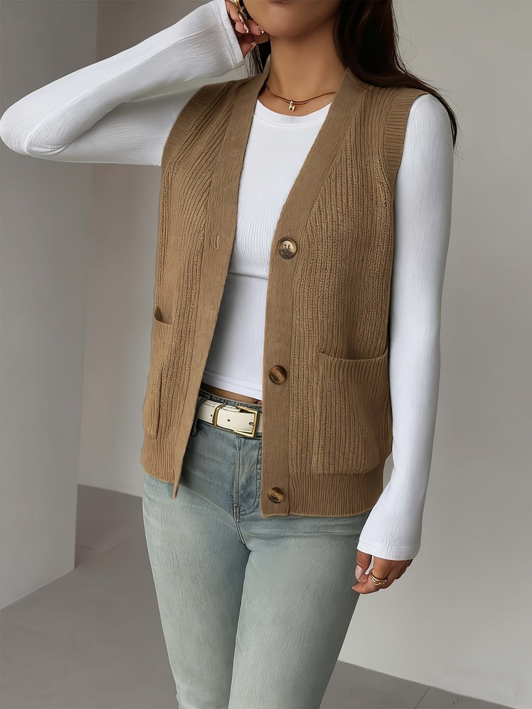 Buttoned V-Neck Knit Vest for Women