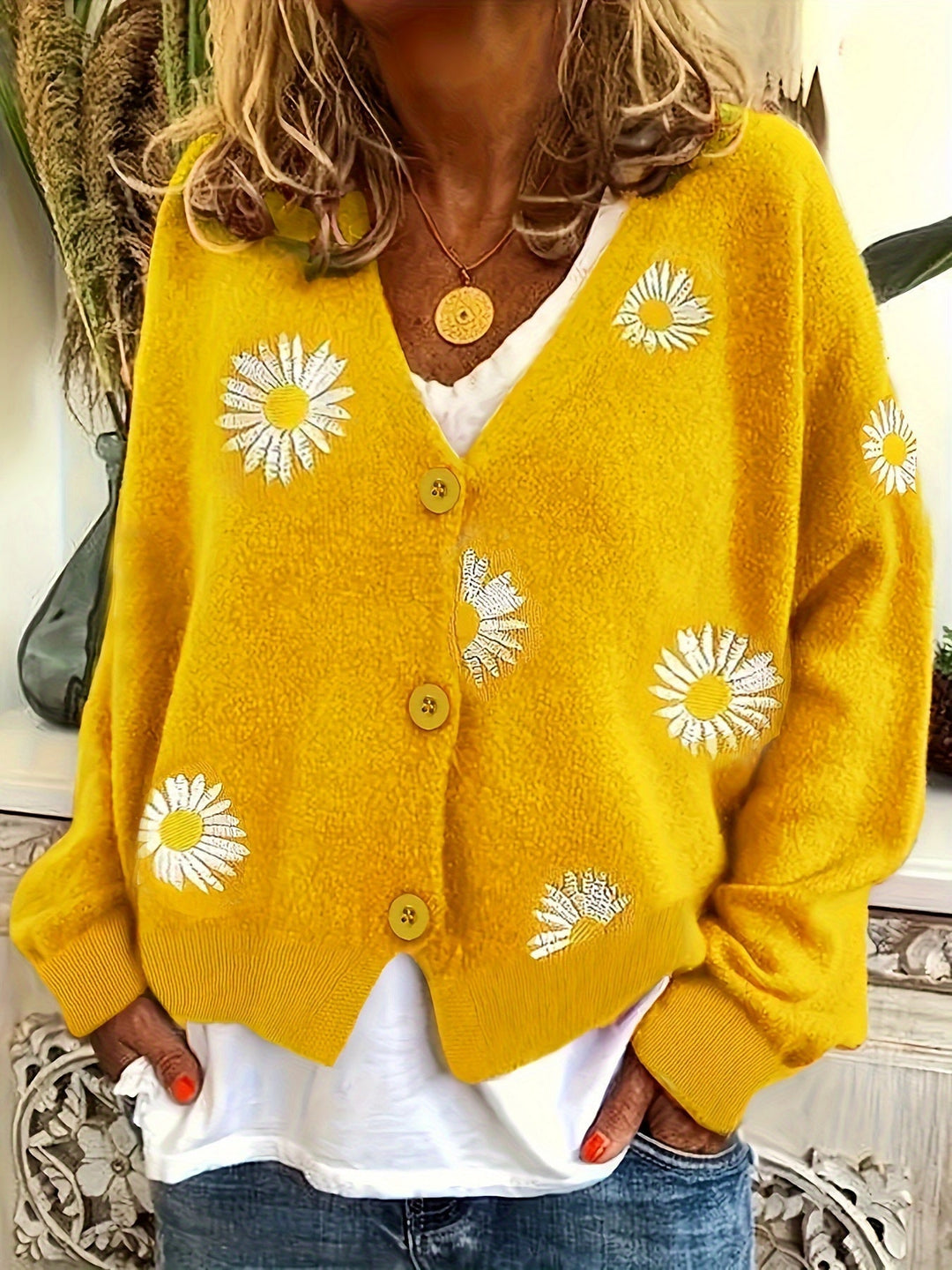 Floral Embroidered Button-Front Cardigan for Women