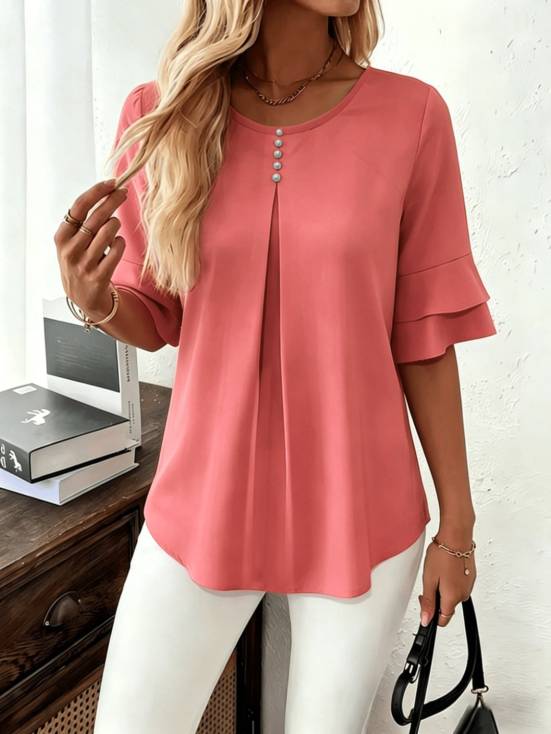 Flared-Sleeve Pleated Blouse for Women