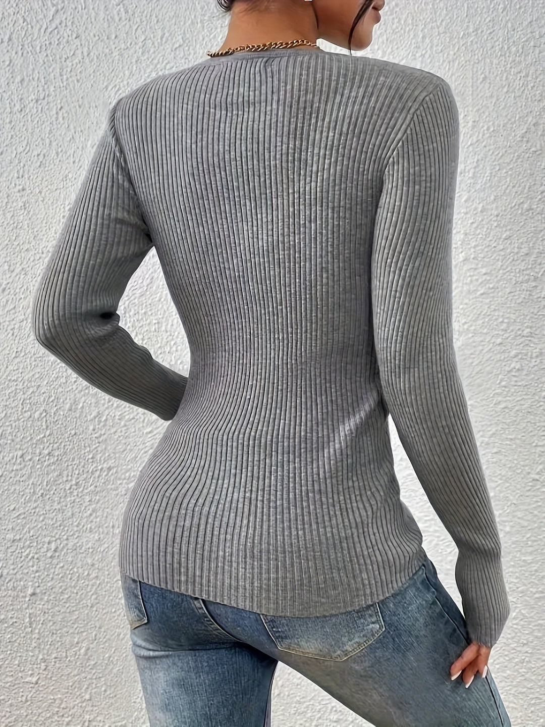 Grey Ribbed Half-Button Top for Women