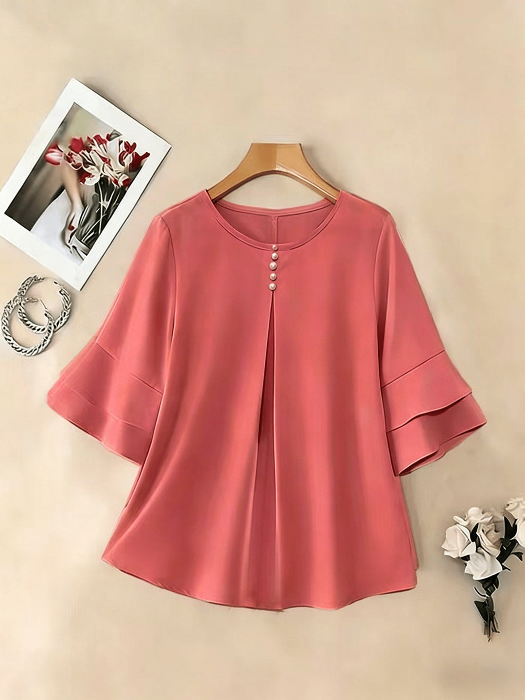 Flared-Sleeve Pleated Blouse for Women