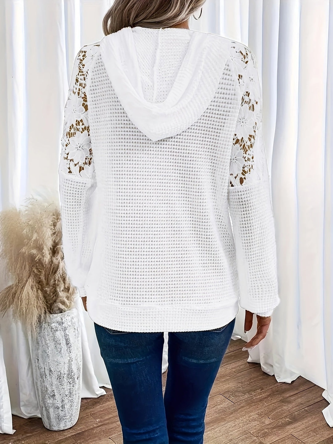 White Floral-Trimmed Hooded Top for Women