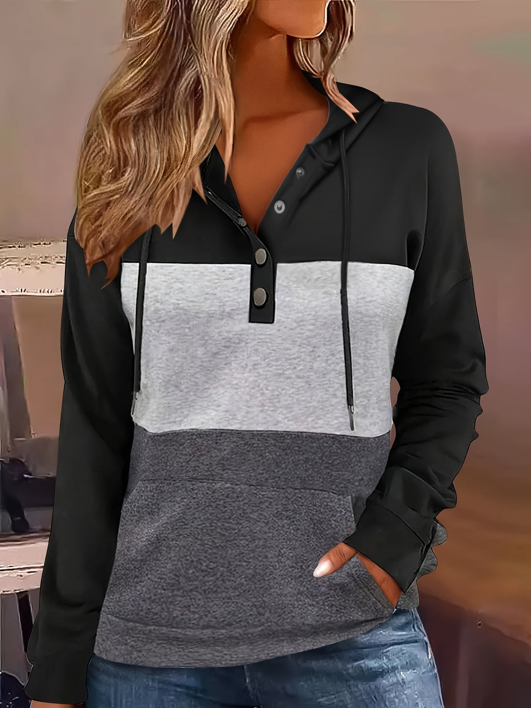 Color Block Button-Neck Hoodie for Women