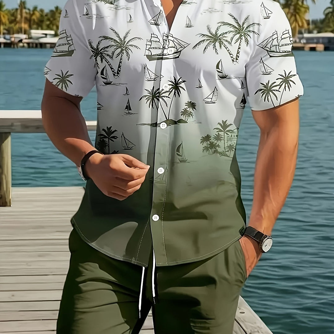 Coastal Print Shirt and Shorts Set for Men