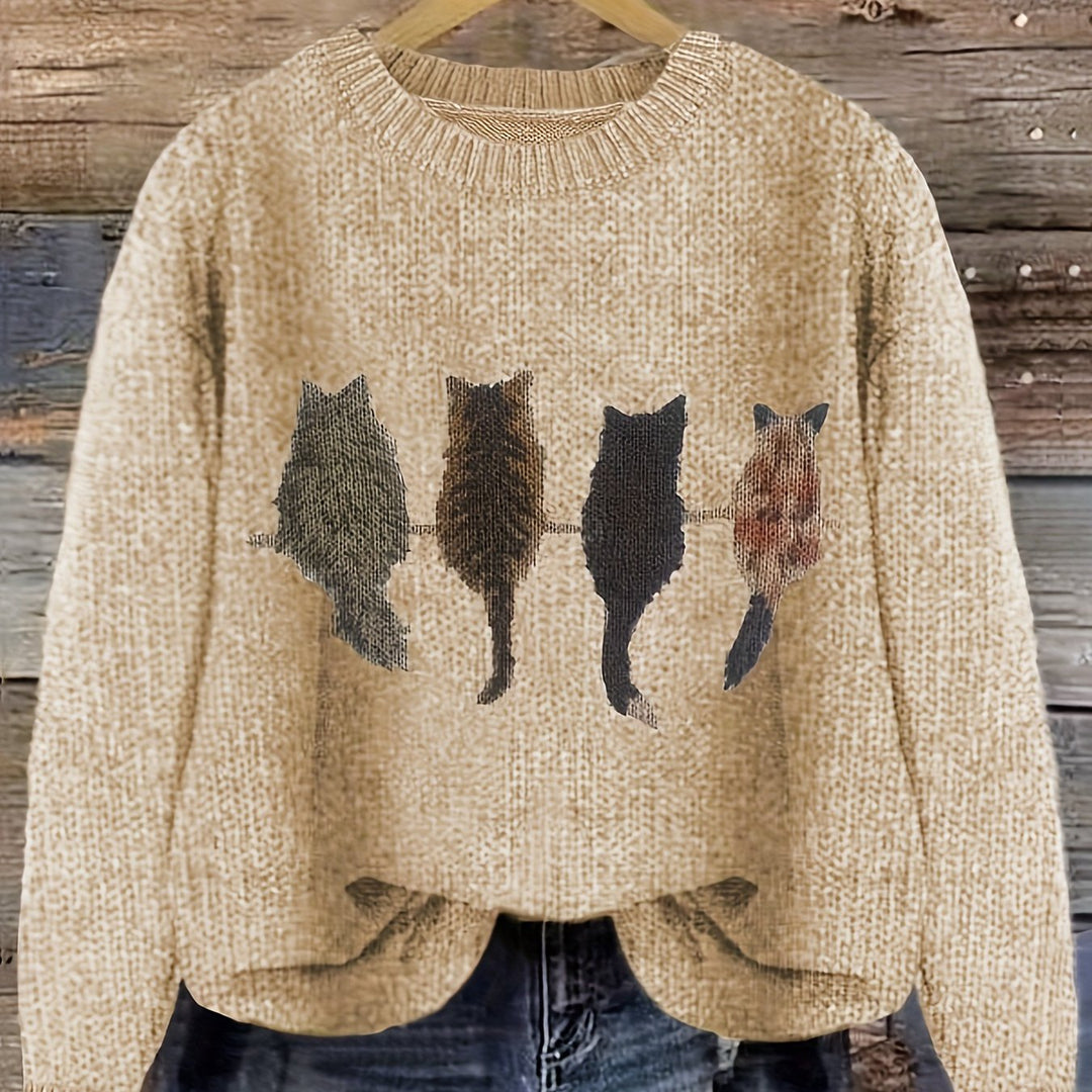 Cat-Print Sweater for Women, Cozy Style