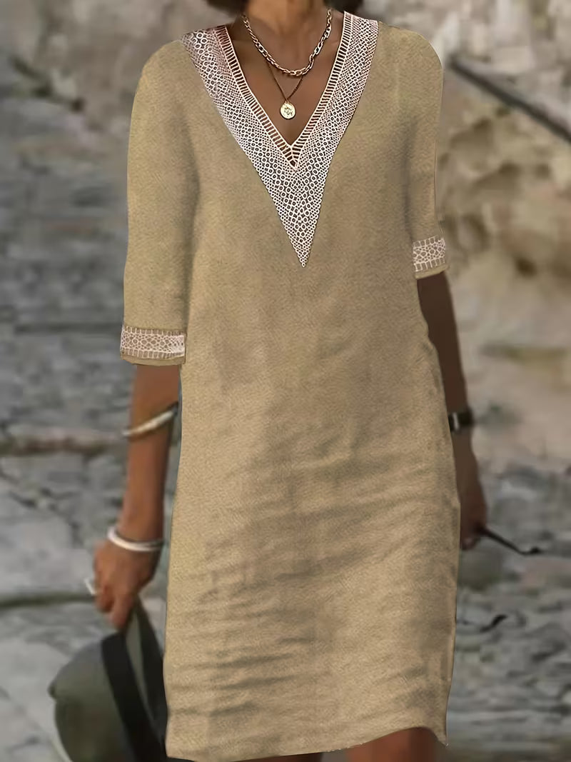 V-Neck Mid Sleeve Dress for Women, Stylish Style