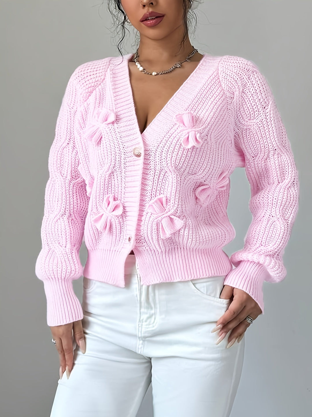 Bow-Detail Long Sleeve Cardigan, Women's Soft Fit