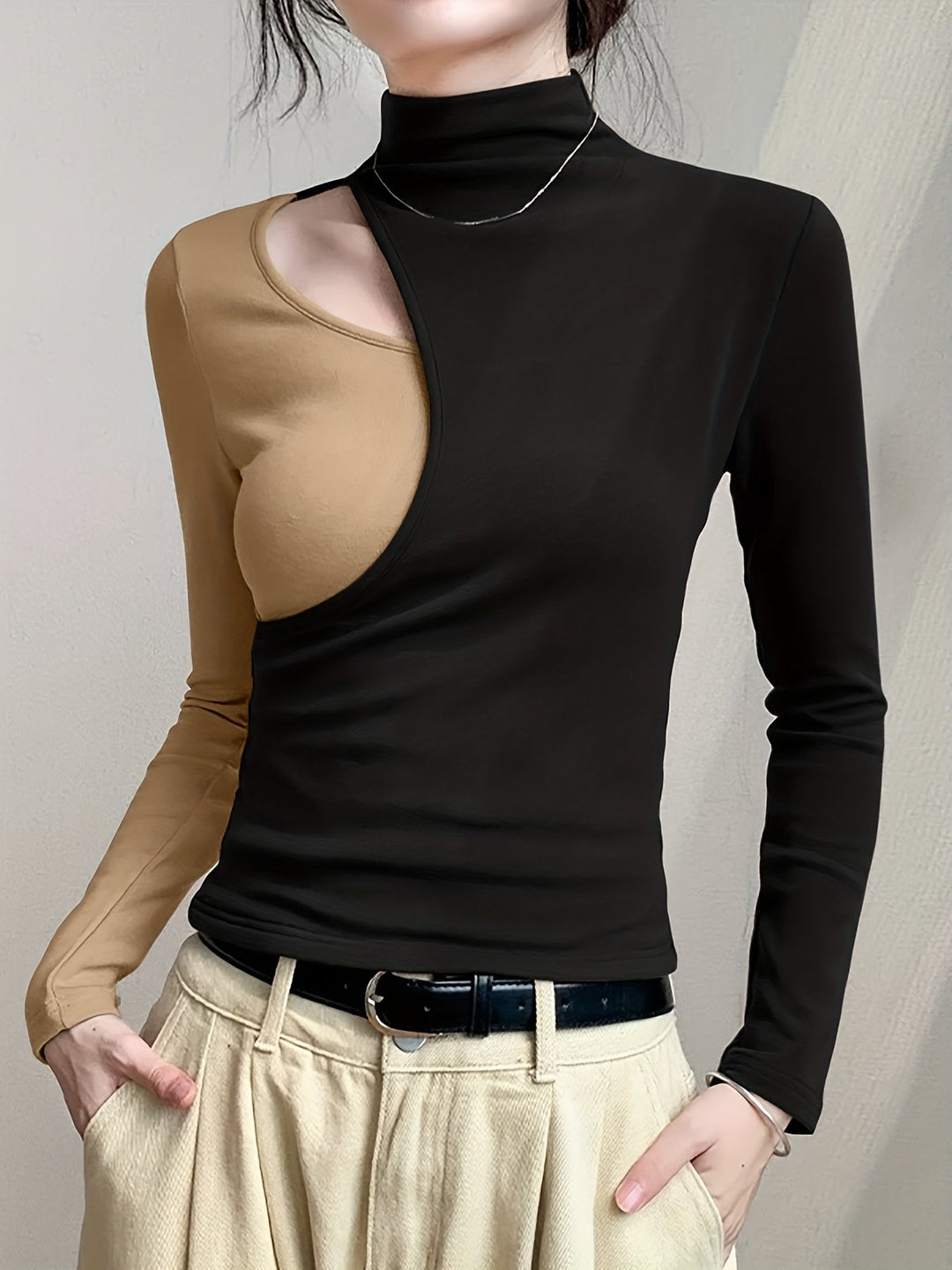 Black Cutout Mock Neck Top for Women