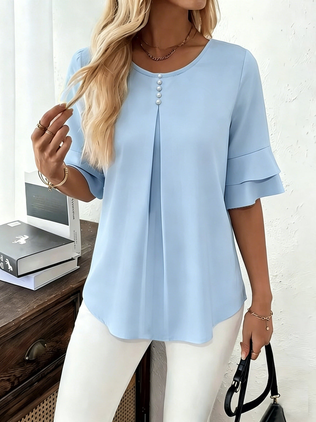 Flared-Sleeve Pleated Blouse for Women