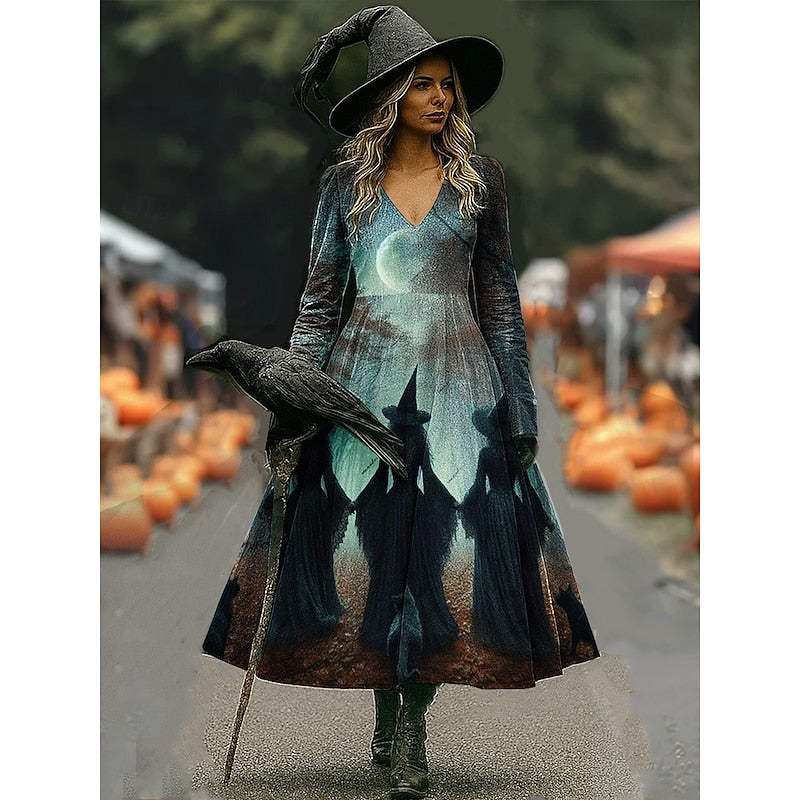 Halloween Witch Print A-Line Maxi Dress for Women
