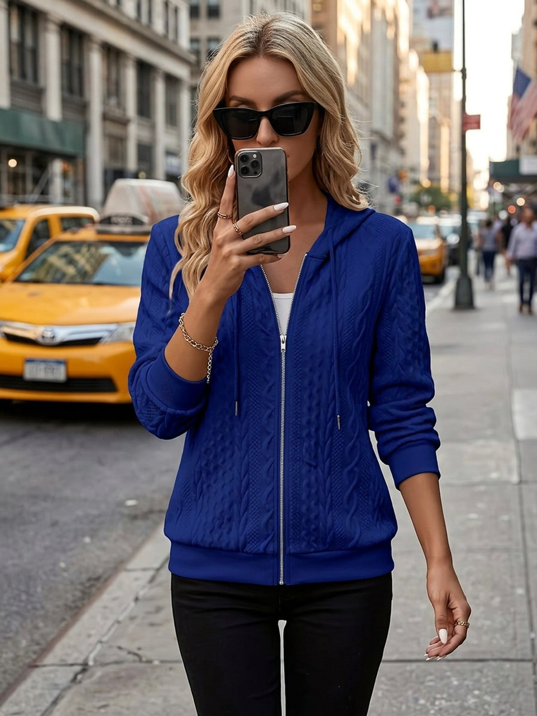 Zip-Up Hooded Jacket for Women, Textured Style