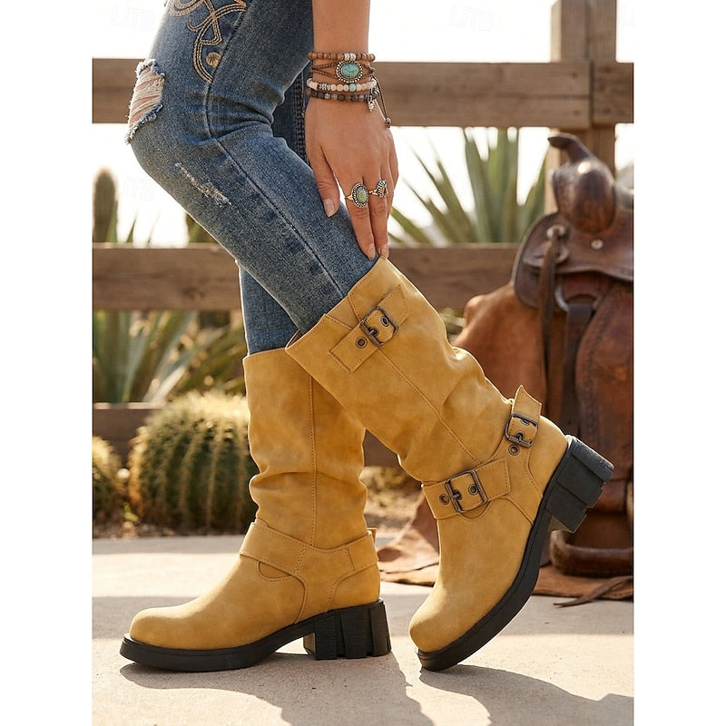 Ladies Buckle-Detail Mid-Calf Biker Boots