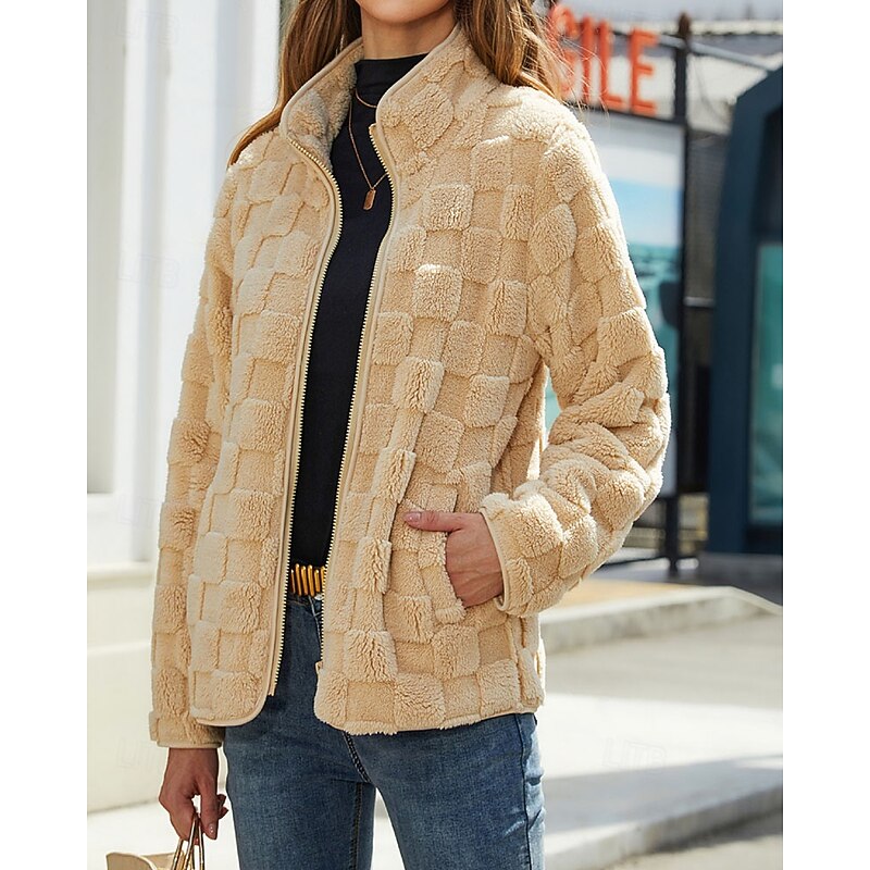 Textured Stand-Collar Zip Coat for Women