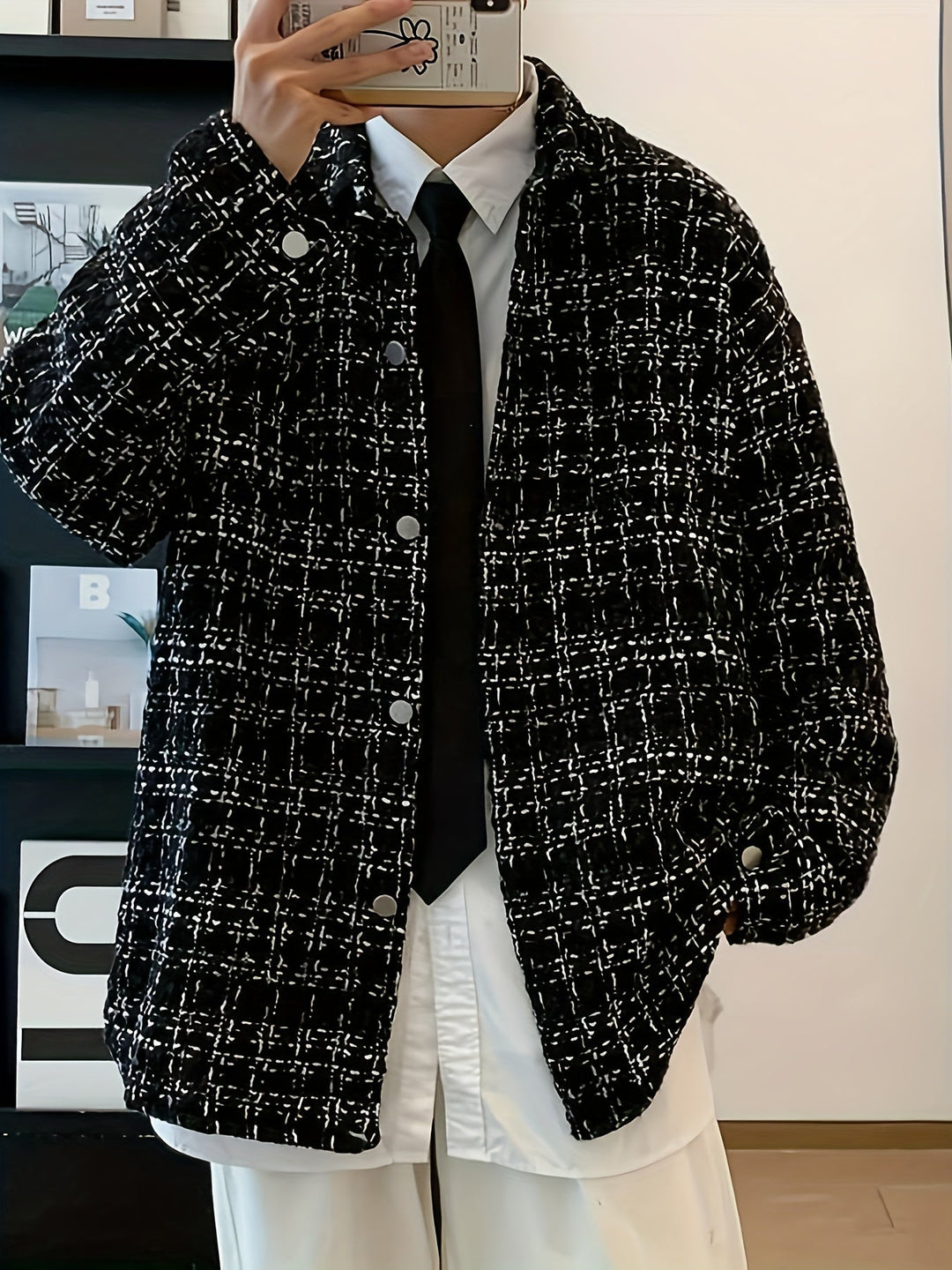 Textured Plaid Shirt Jacket for Men