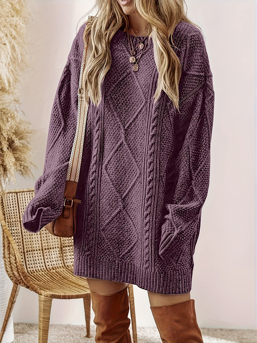Purple Cable-Knit Sweater Dress for Women