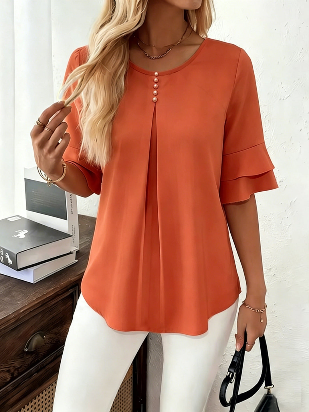 Flared-Sleeve Pleated Blouse for Women