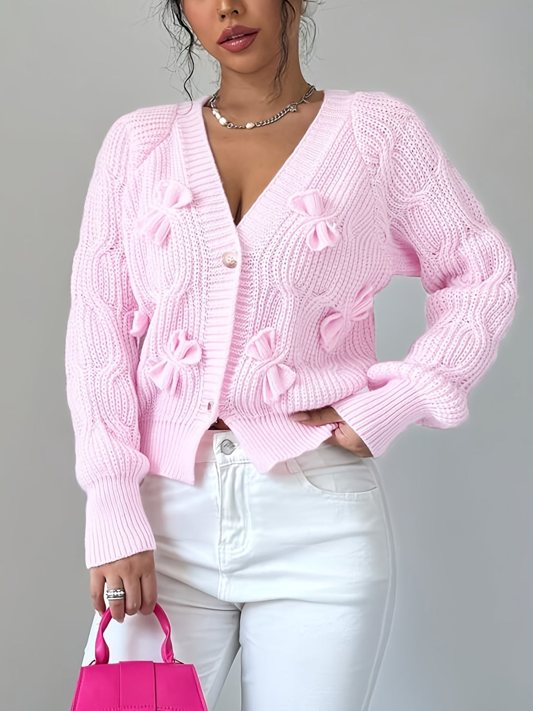 Bow-Detail Long Sleeve Cardigan, Women's Soft Fit