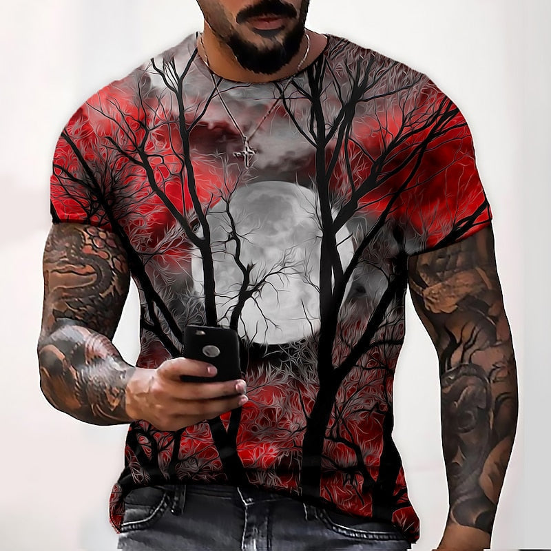 Halloween Moon Graphic Crew Neck T-Shirt for Men, Plus Size
