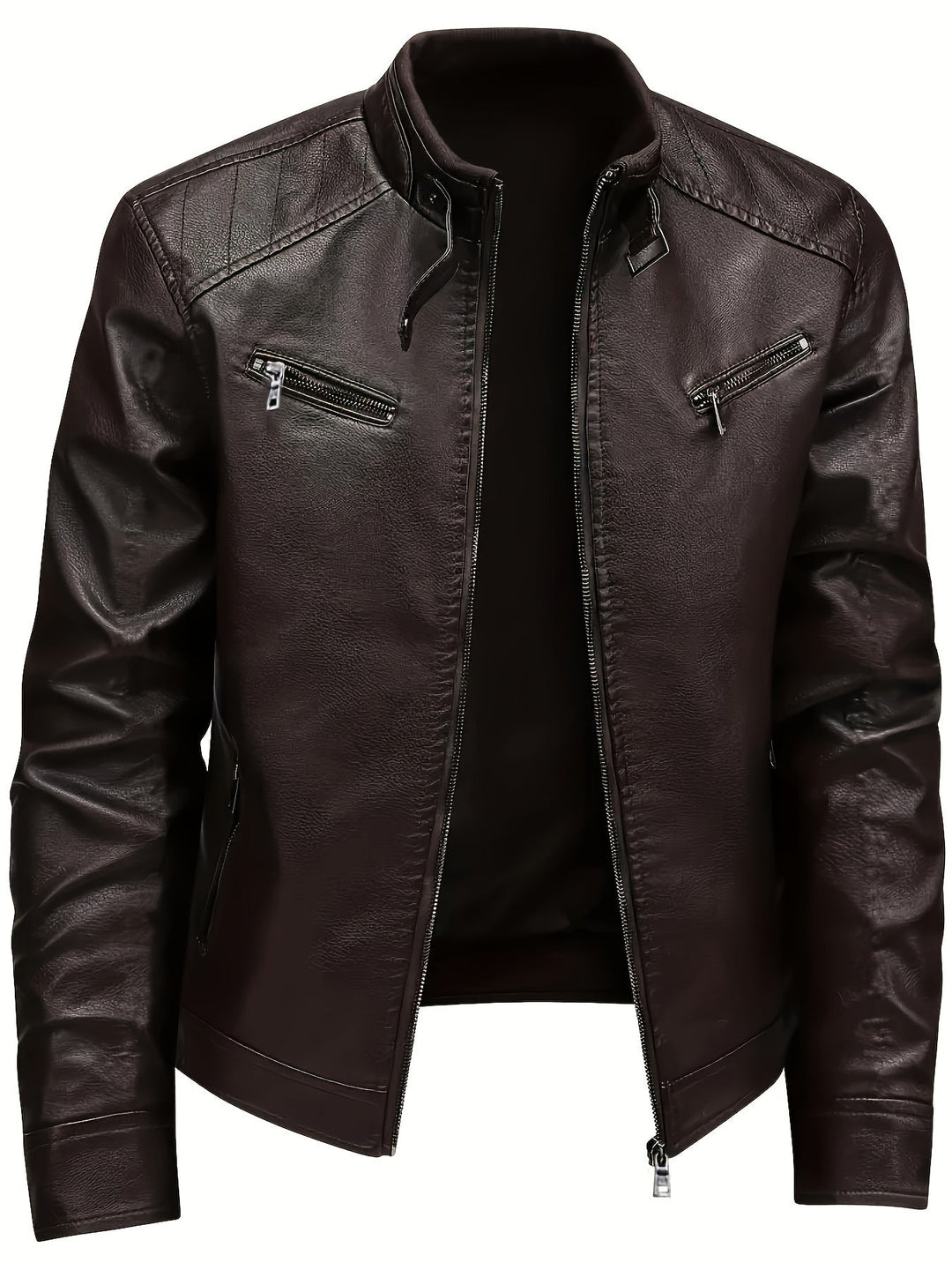 Coffee Brown Classic Stand-Collar Moto Jacket for Men