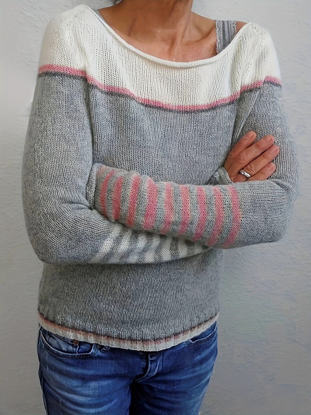 Color-Block Boat Neck Sweater for Women